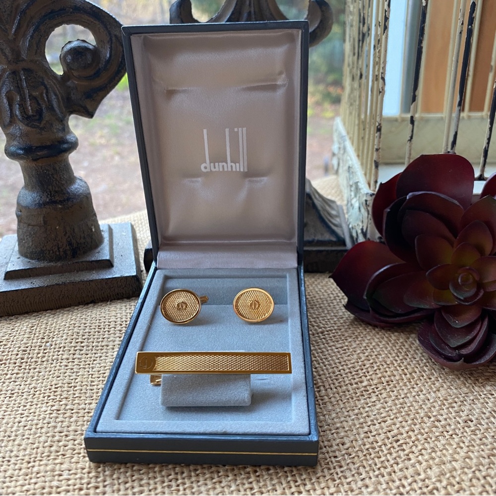 Dunhill d Logo Tie Clasp Cufflinks Set Vintage Gold Original Presentation Box